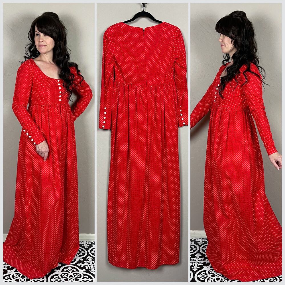Vintage 1970s Red & White Polka Dot Long Sleeve A-Line Maxi Prairie Dress - Picture 3 of 8